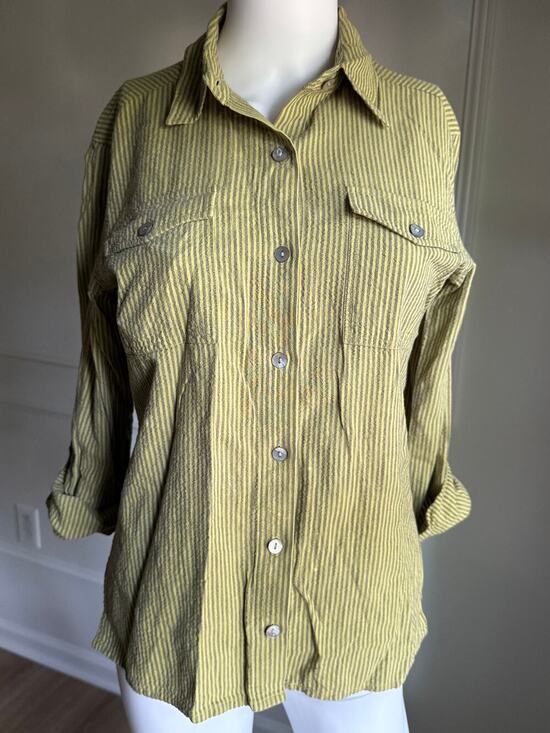 Chico's Design Tops - Chico's Design Size 0 Green Brown Striped Seersucker Button Front Shirt Top
